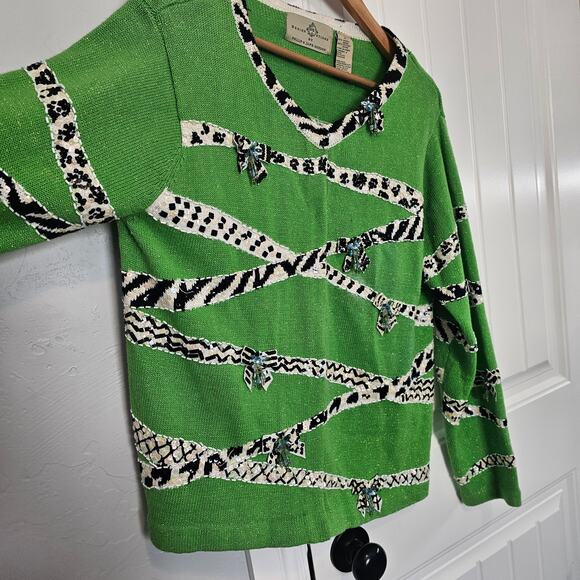 Vintage Design Options Cardigan Womens Med Green Sequins Beaded Glam Grandmacore - Picture 5 of 13